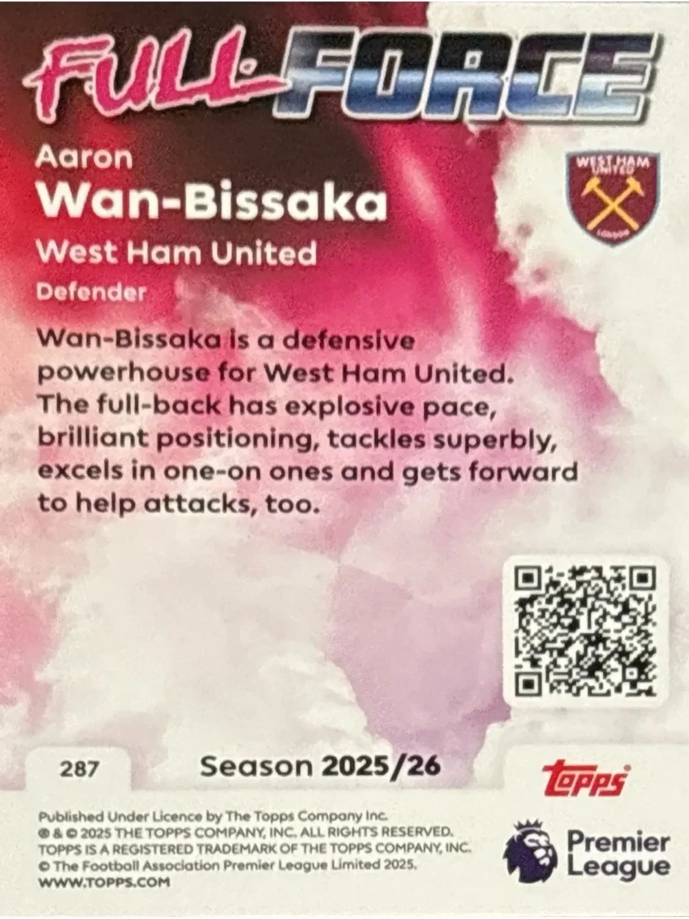 Topps Soccer Trading Card -  West Ham Full Force Aaron Wan-Bissoka